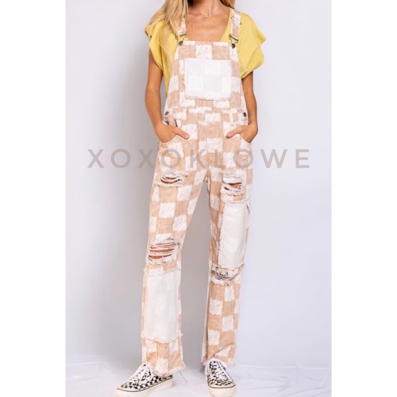 POL Beige & White Checkered Distressed Relaxed Fit Denim Overalls - Picture 9 of 16